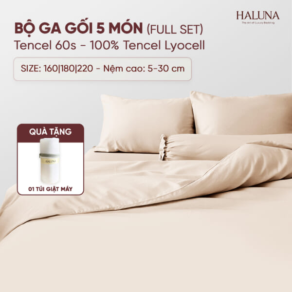 Bộ Chăn Ga Gối 5 Món (Full Set) Tencel 60s Haluna Cao Cấp – Không Xù Lông, Mềm Mịn
